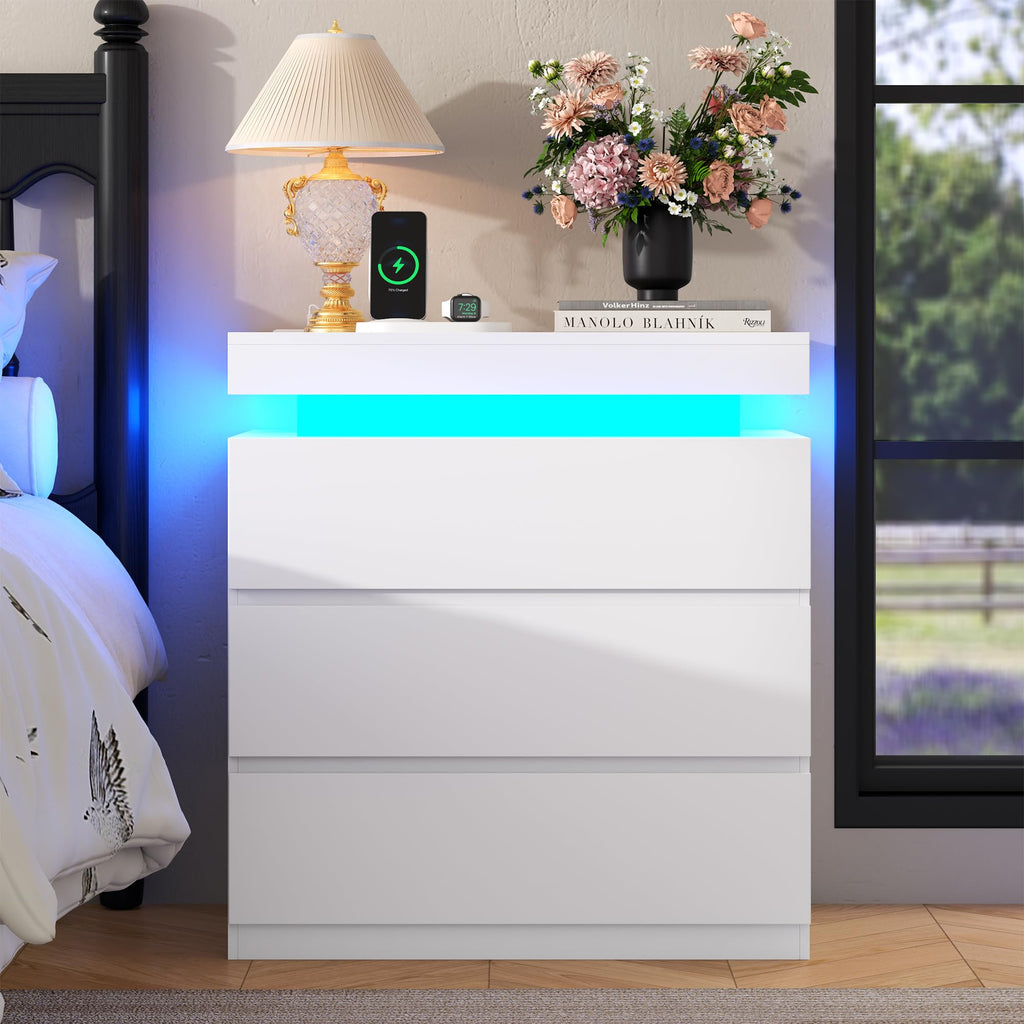 White Nightstand with Charging Station and LED Lights I644122