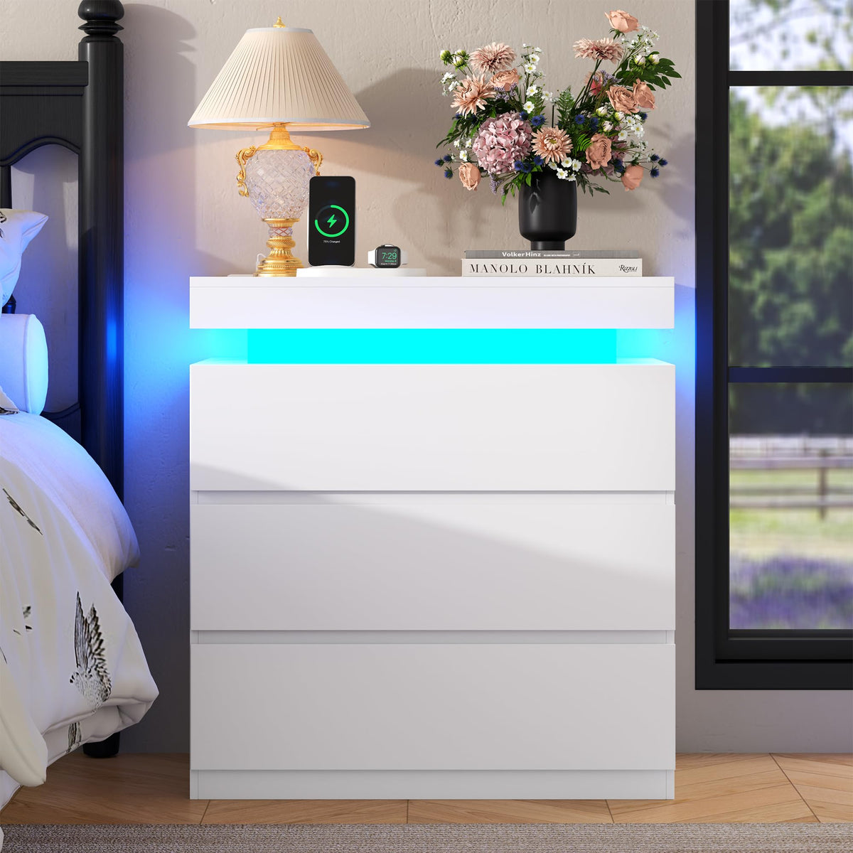 White Nightstand with Charging Station and LED Lights I644122