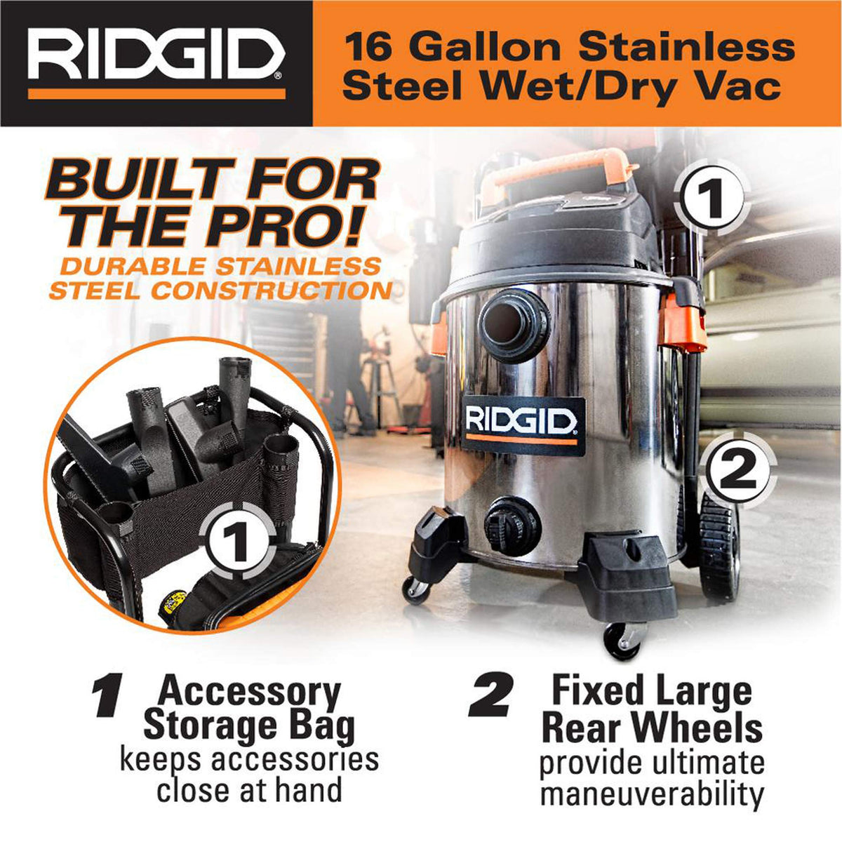 16 Gallon 6.5 Peak HP Stainless Steel Wet Dry Shop Vacuum F30091