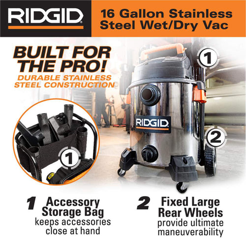16 Gallon 6.5 Peak HP Stainless Steel Wet Dry Shop Vacuum F30091