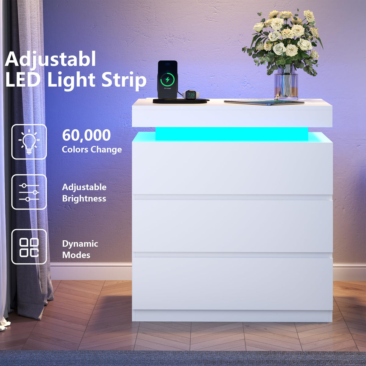 White Nightstand with Charging Station and LED Lights I644122