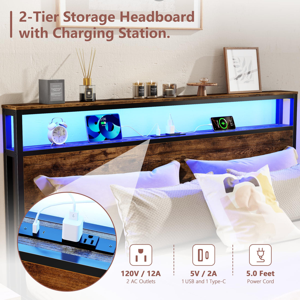 Queen Bed Frame with Storage Headboard & 6 Drawers E3879