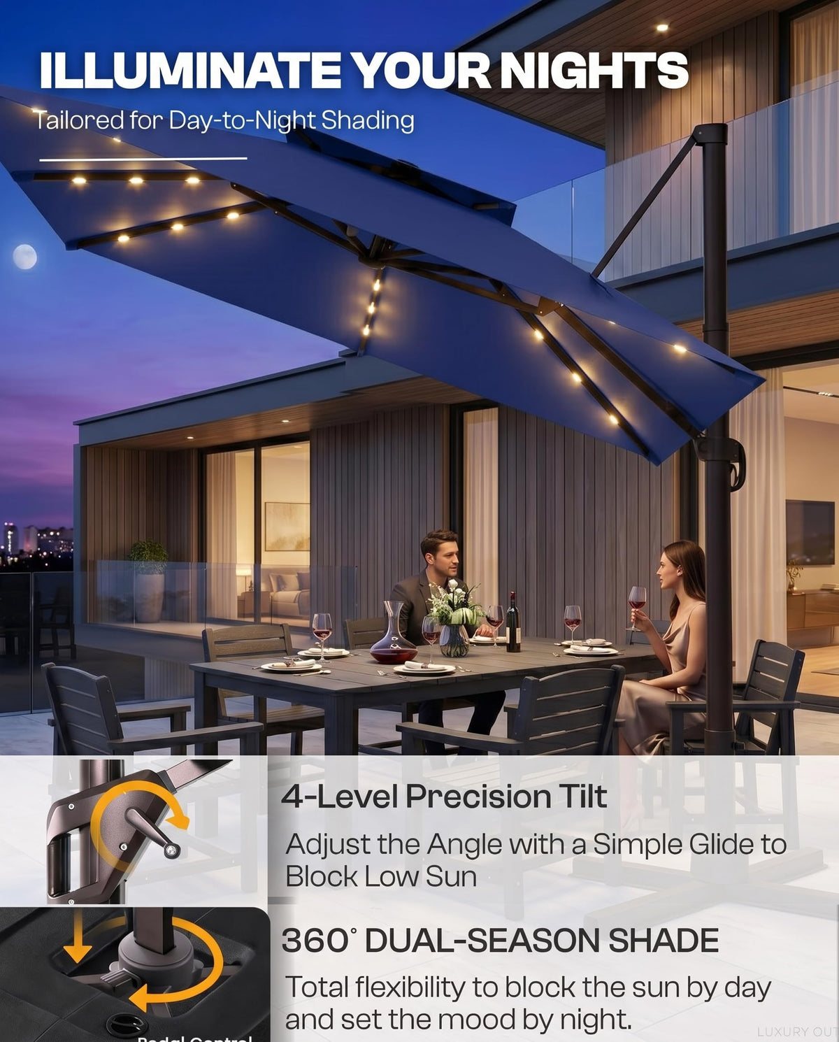 11x11 FT Double-Top Cantilever Patio Umbrella with Lights Z7754