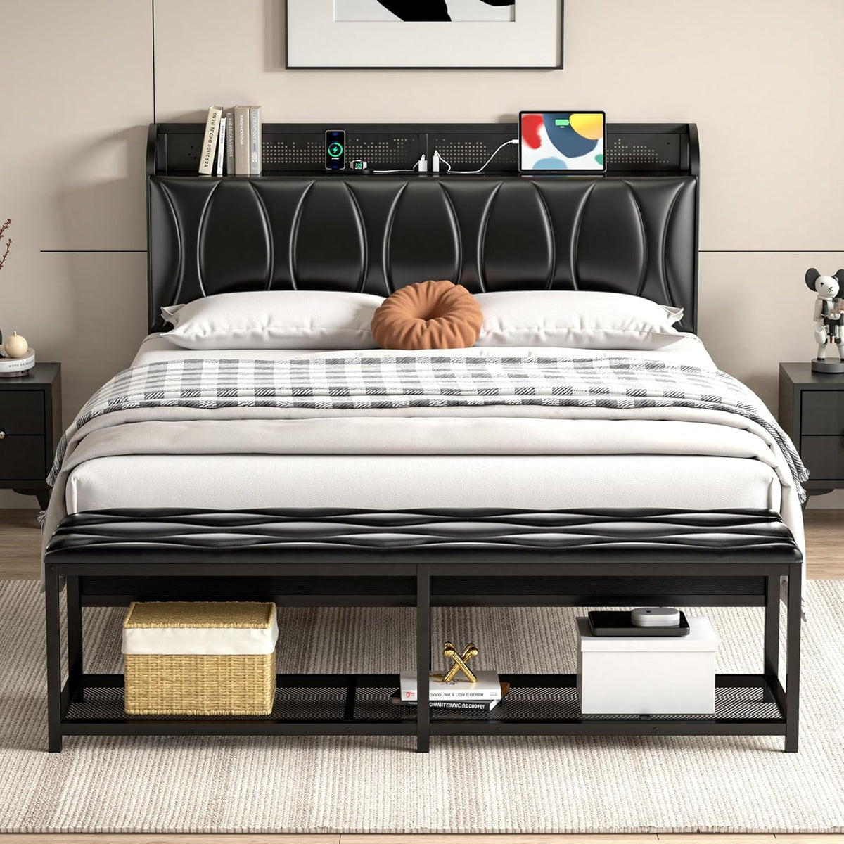 Black Full Size Upholstered Bed Frame with Storage N8820