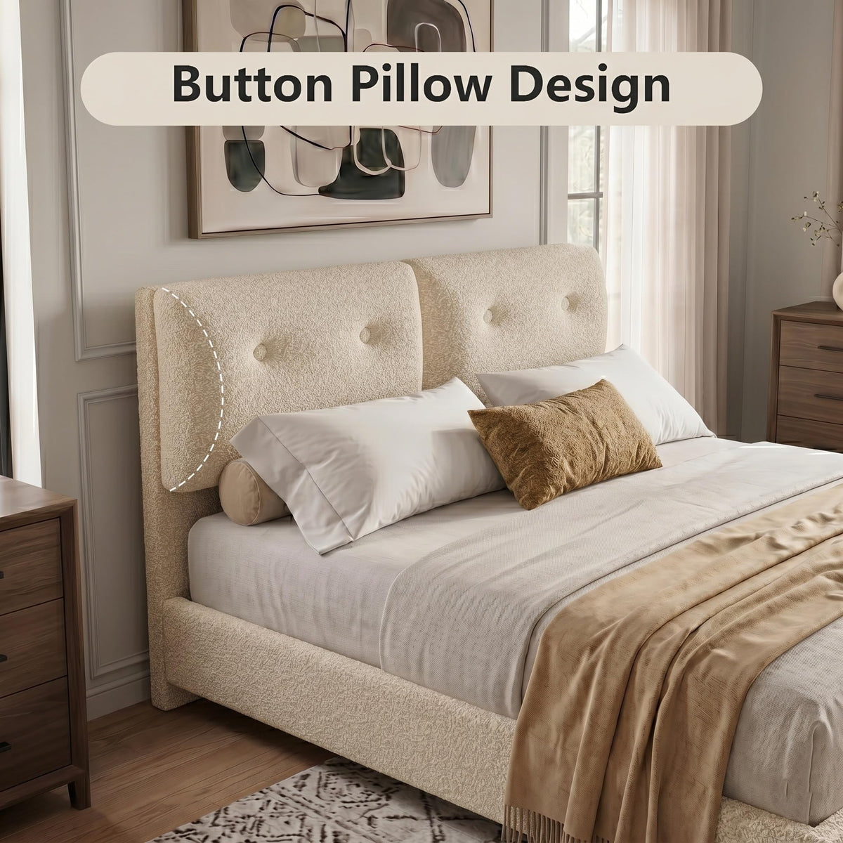 Queen Size Beige Boucle Upholstered Bed Frame with Headboard H851