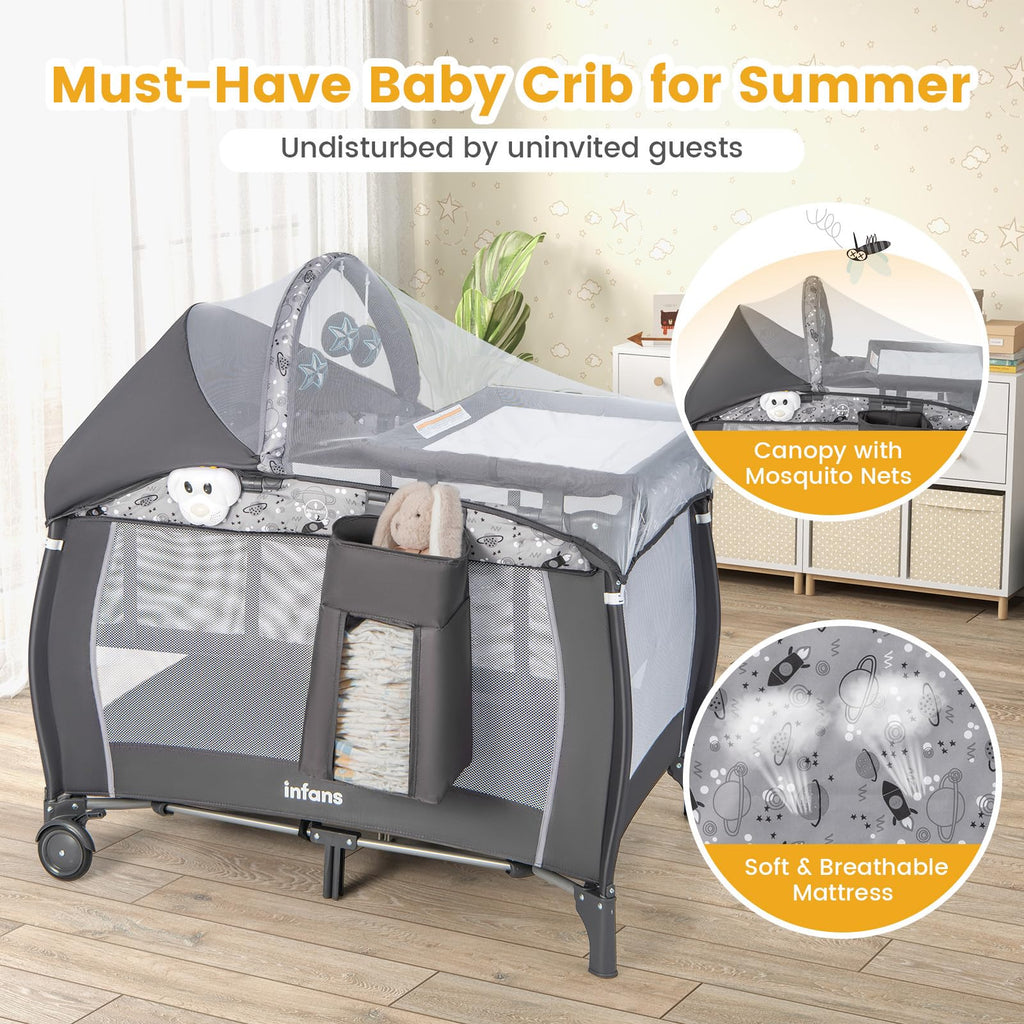 4 in 1 Pack and Play with Bassinet, Changing Table, Storage Basket O5497