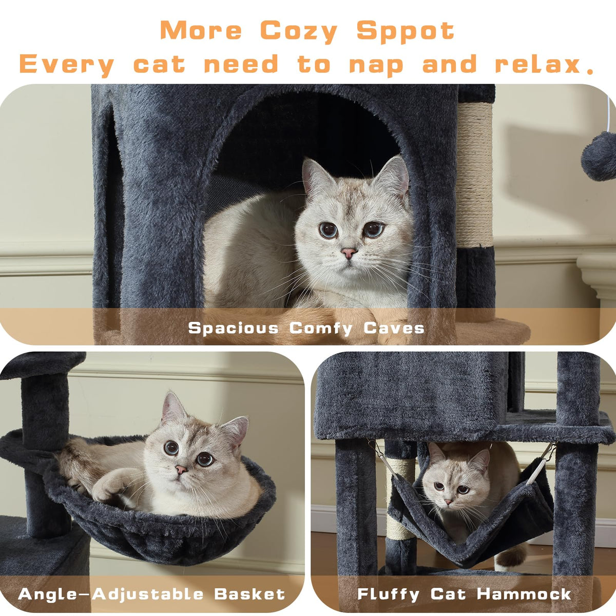 70-Inch Dark Gray Cat Tree Tower with Hammock Z607899