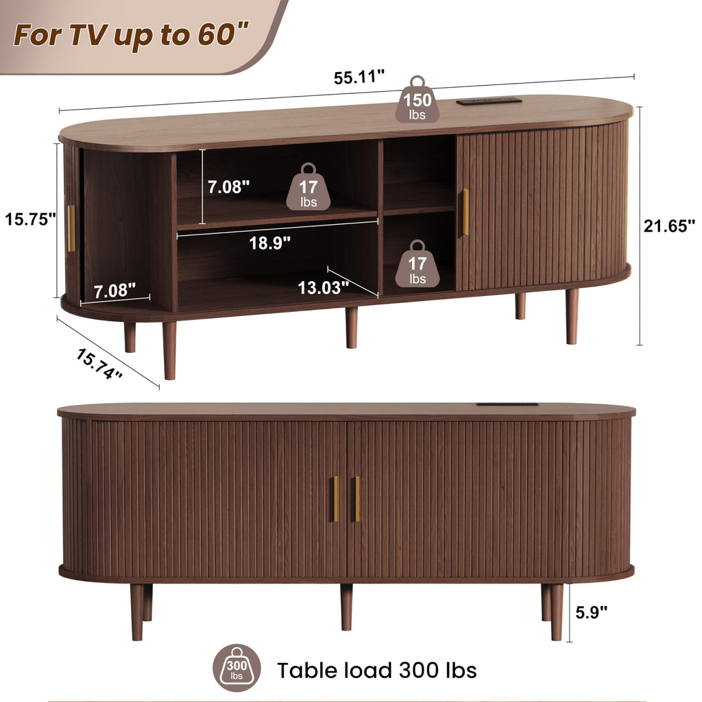 55 Inch Mid Century Modern TV Stand with Power Outlet and Adjustable Shelves W52472