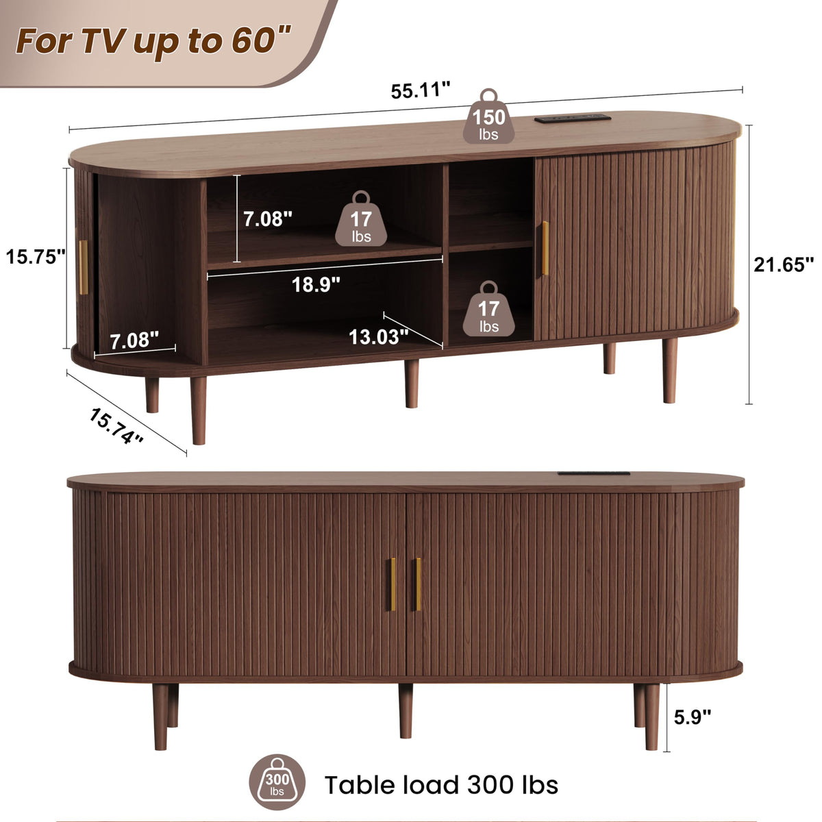 55 Inch Mid Century Modern TV Stand with Power Outlet and Adjustable Shelves W52472