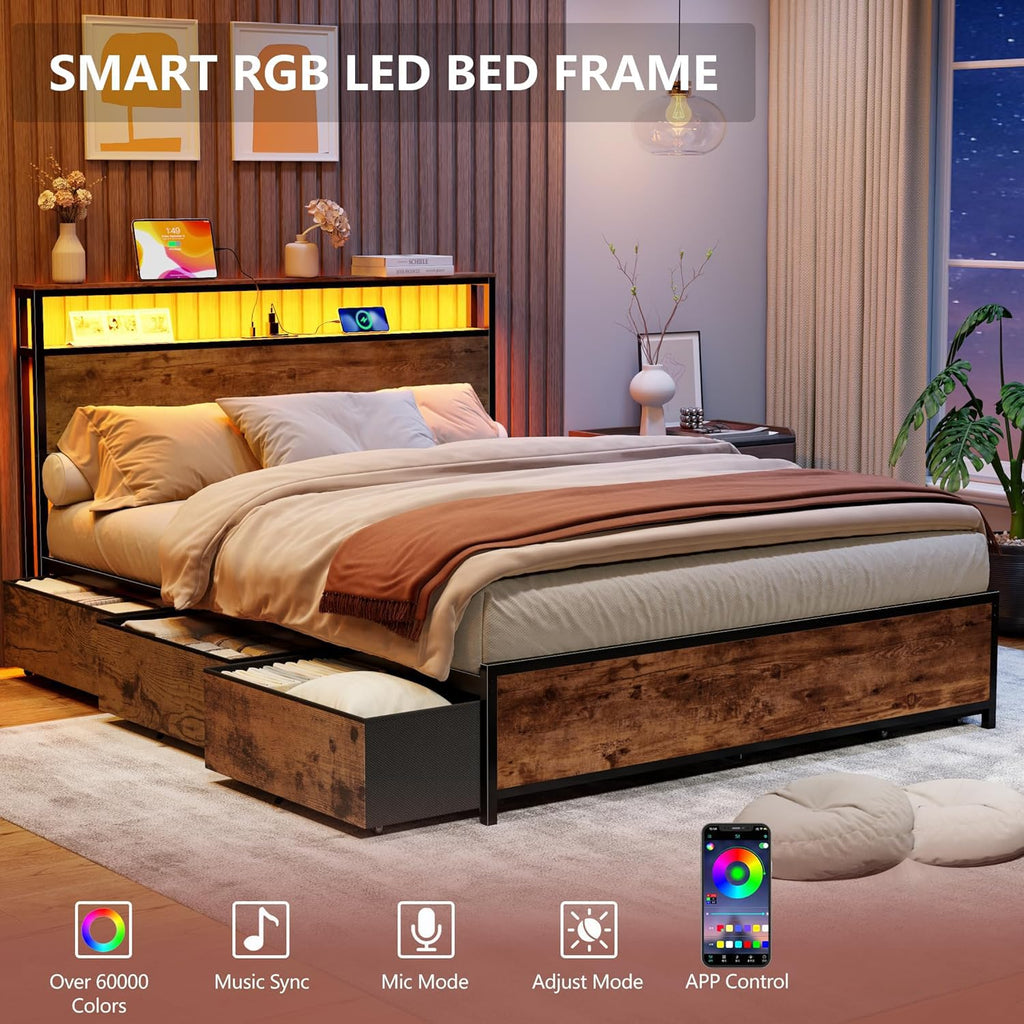 Queen Bed Frame with Storage Headboard & 6 Drawers E3879