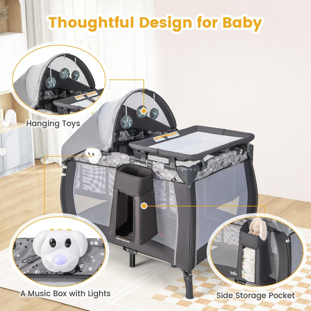 4 in 1 Pack and Play with Bassinet, Changing Table, Storage Basket O5497