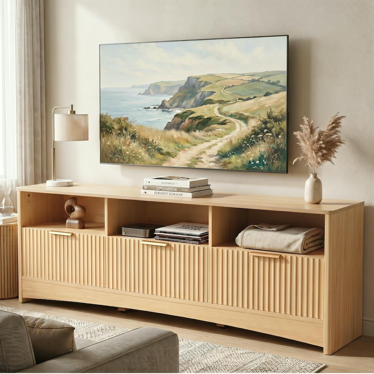 Oak Fluted TV Stand for 65 inch TV with Drawers N821433