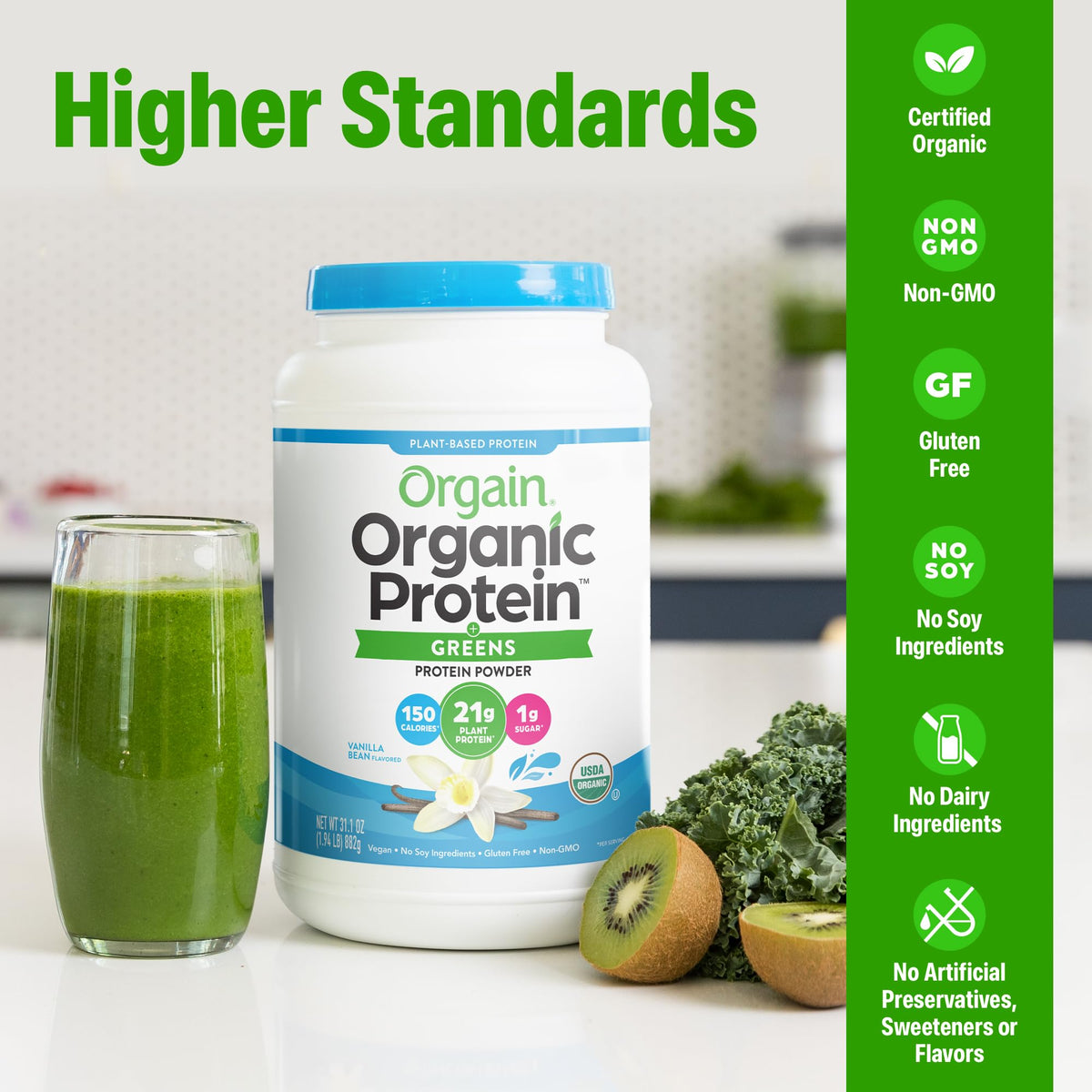 Organic Vegan Protein Powder + Greens Vanilla Bean 21g Plant Based Gluten Free Dairy Free 1.94lb P4389