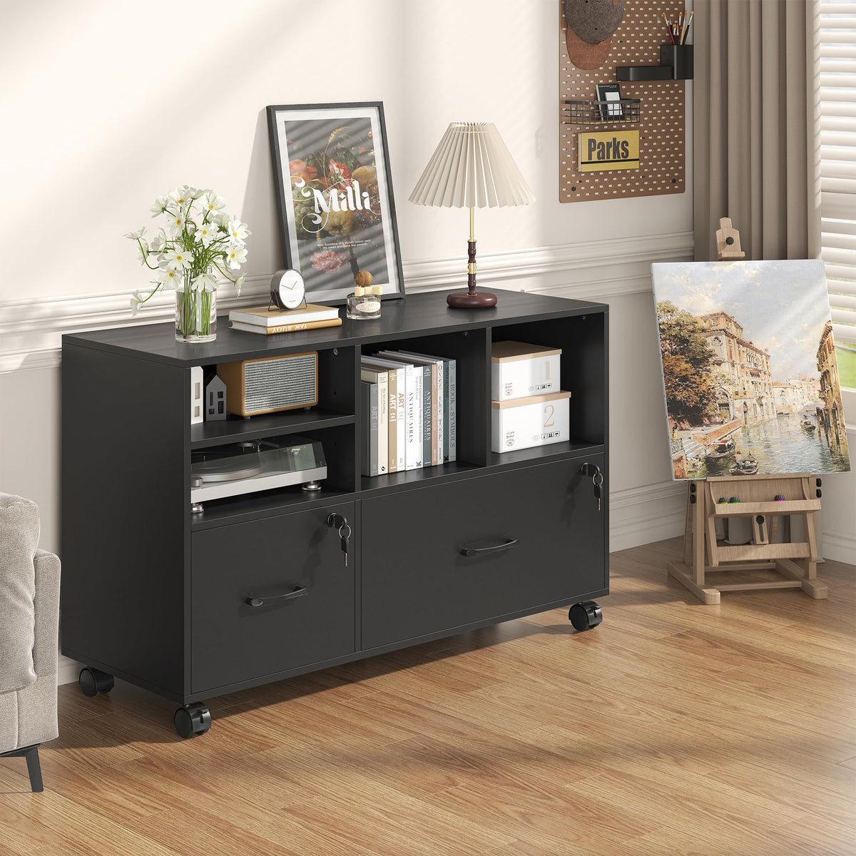 2 Drawer Wood Mobile Lateral File Cabinet with Storage Shelves, Black V23181