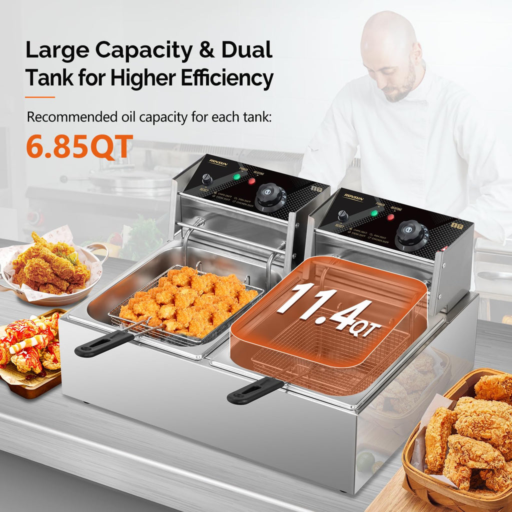 22.8QT Stainless Steel Electric Double Deep Fryer with Baskets & Lids M250