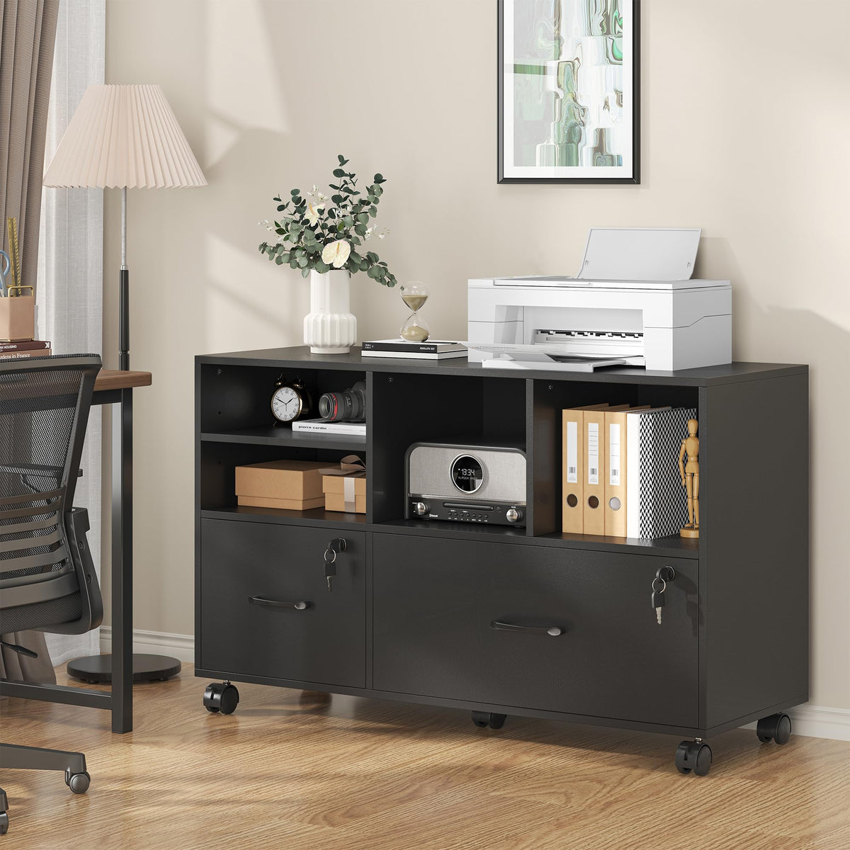 2 Drawer Wood Mobile Lateral File Cabinet with Storage Shelves, Black V23181