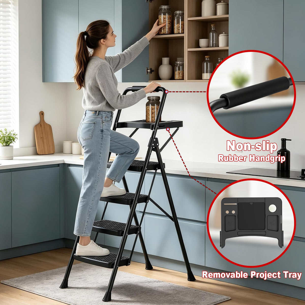 4 Step Steel Ladder with Tool Tray and Handrails B58094