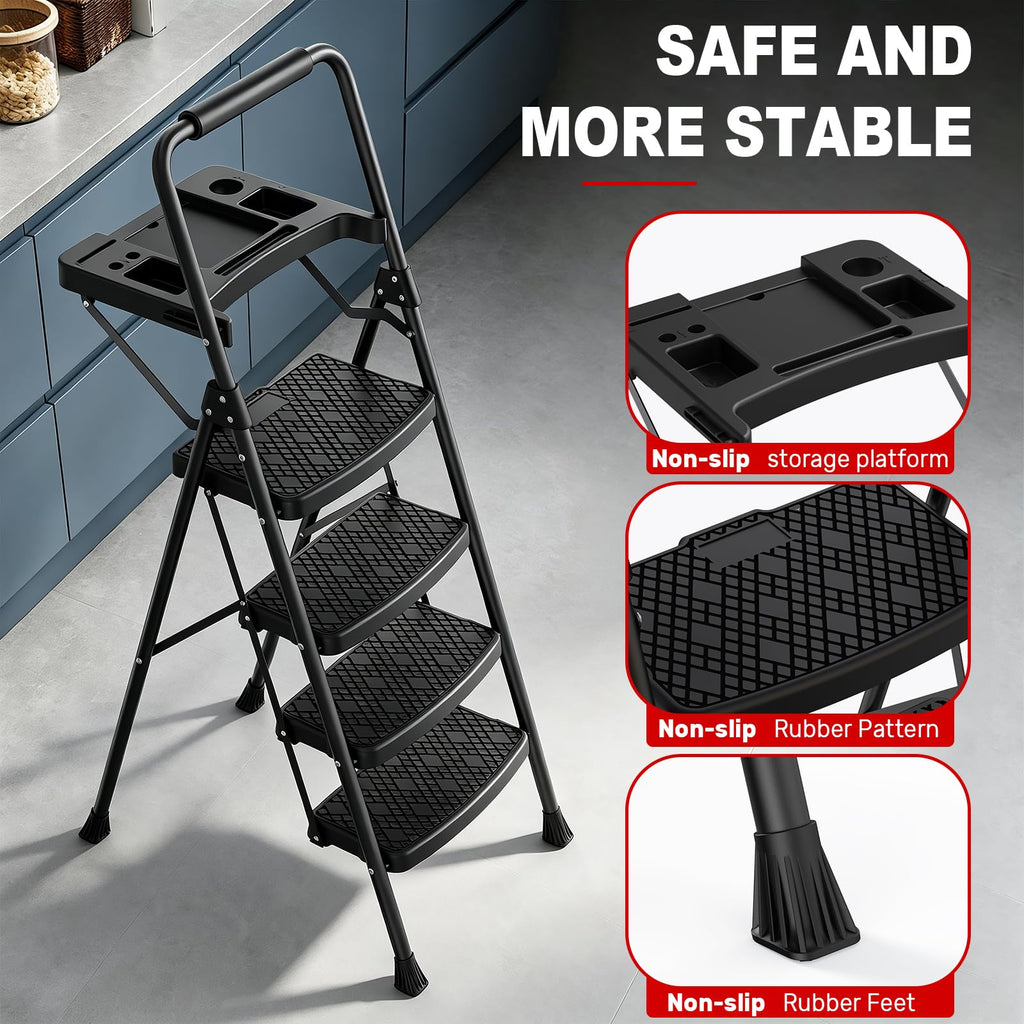 4 Step Steel Ladder with Tool Tray and Handrails B58094