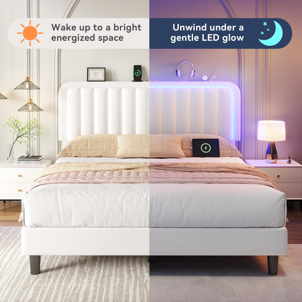 White Velvet Upholstered Full Size Platform Bed Frame with Charging Station A173