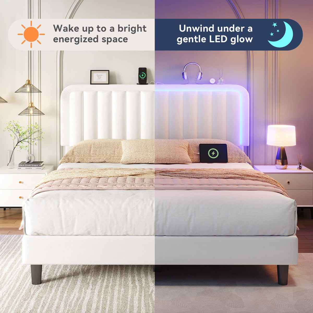 White Velvet Upholstered Full Size Platform Bed Frame with Charging Station A173