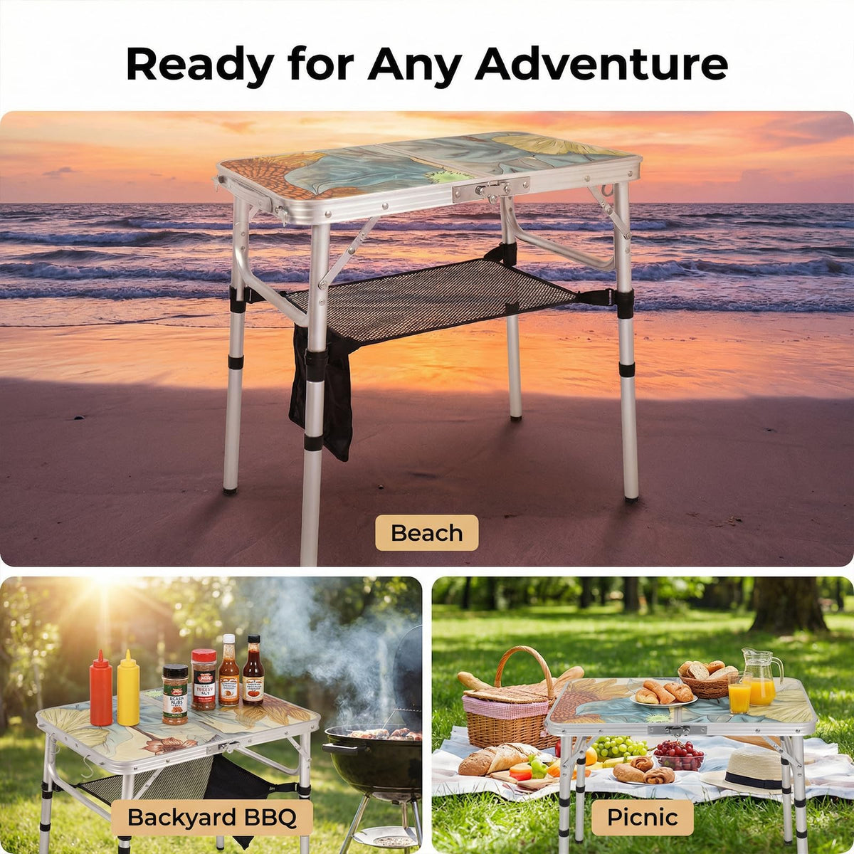 Small Folding Camping Table Aluminum 3 Adjustable Heights T42922