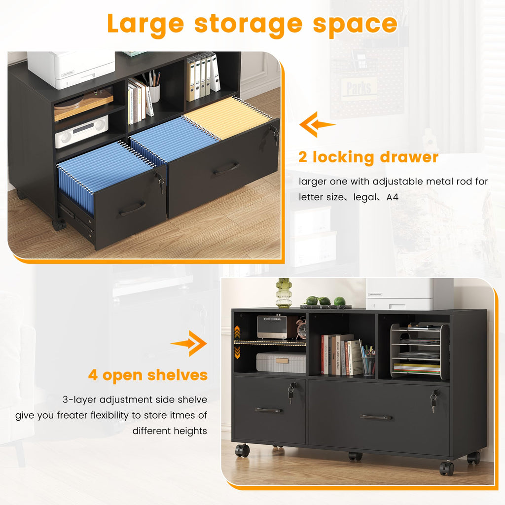 2 Drawer Wood Mobile Lateral File Cabinet with Storage Shelves, Black V23181