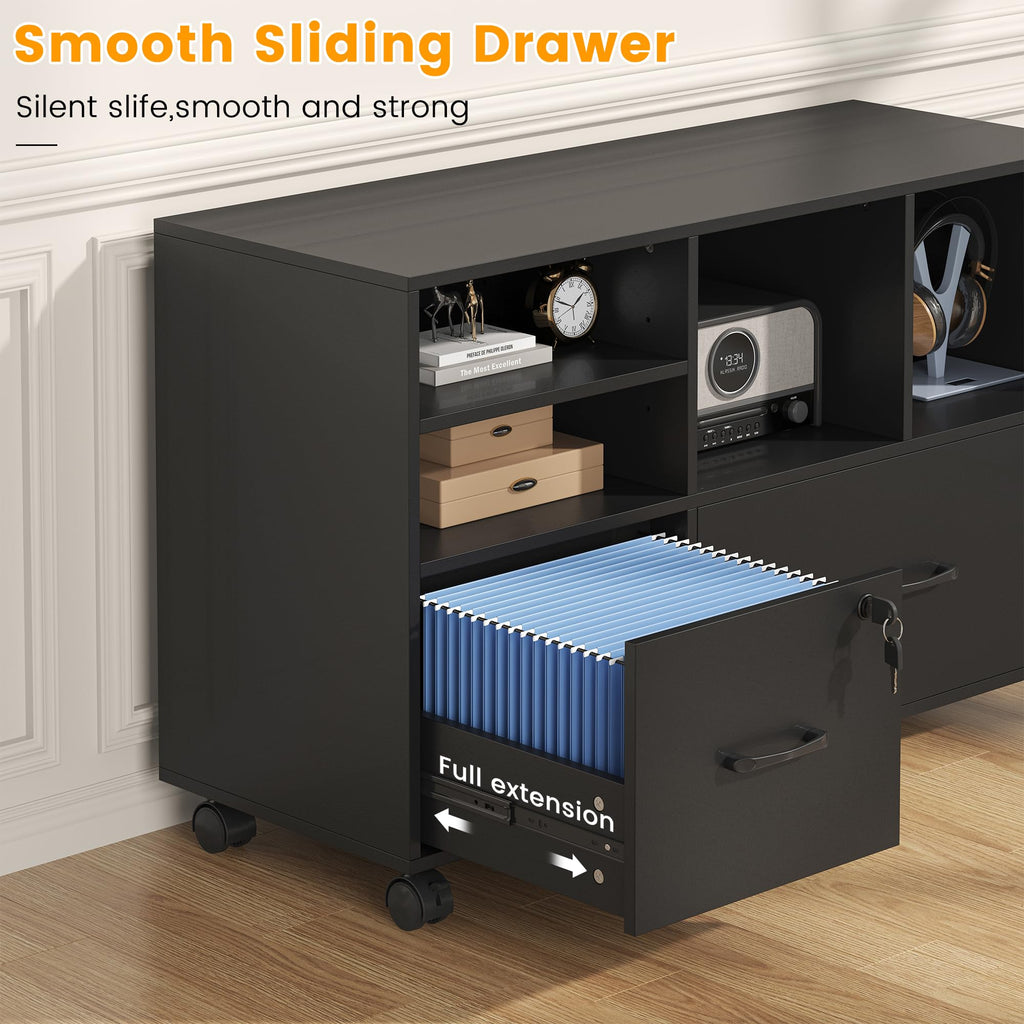 2 Drawer Wood Mobile Lateral File Cabinet with Storage Shelves, Black V23181