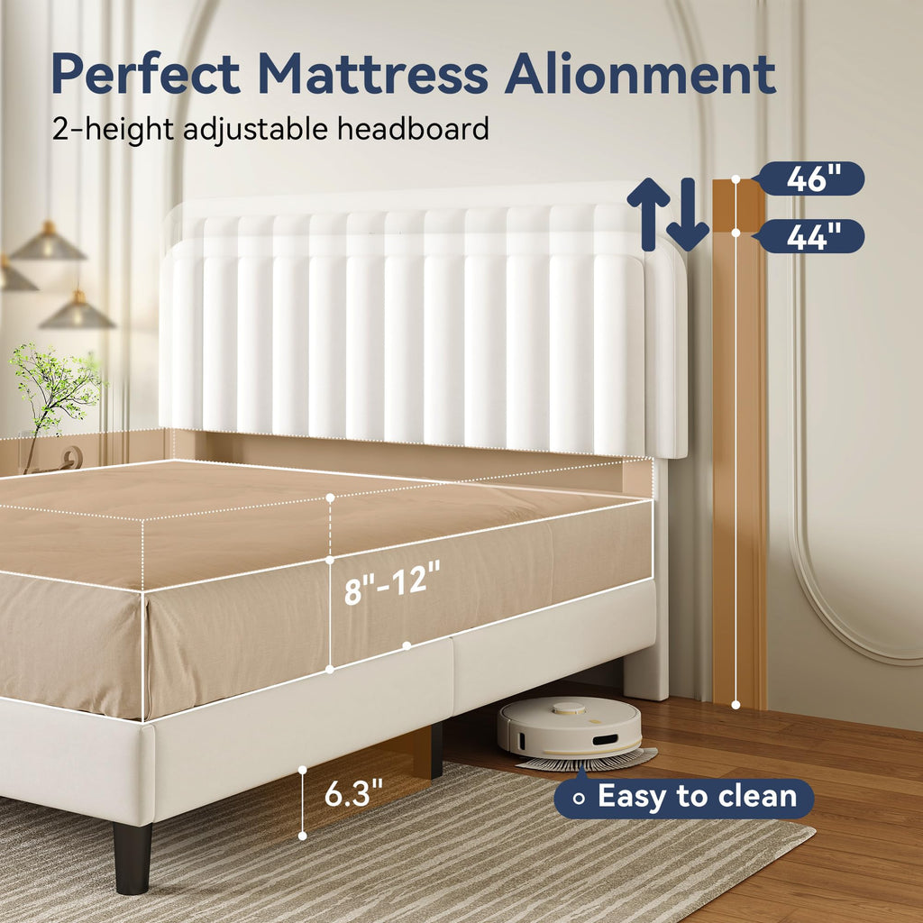 White Velvet Upholstered Full Size Platform Bed Frame with Charging Station A173