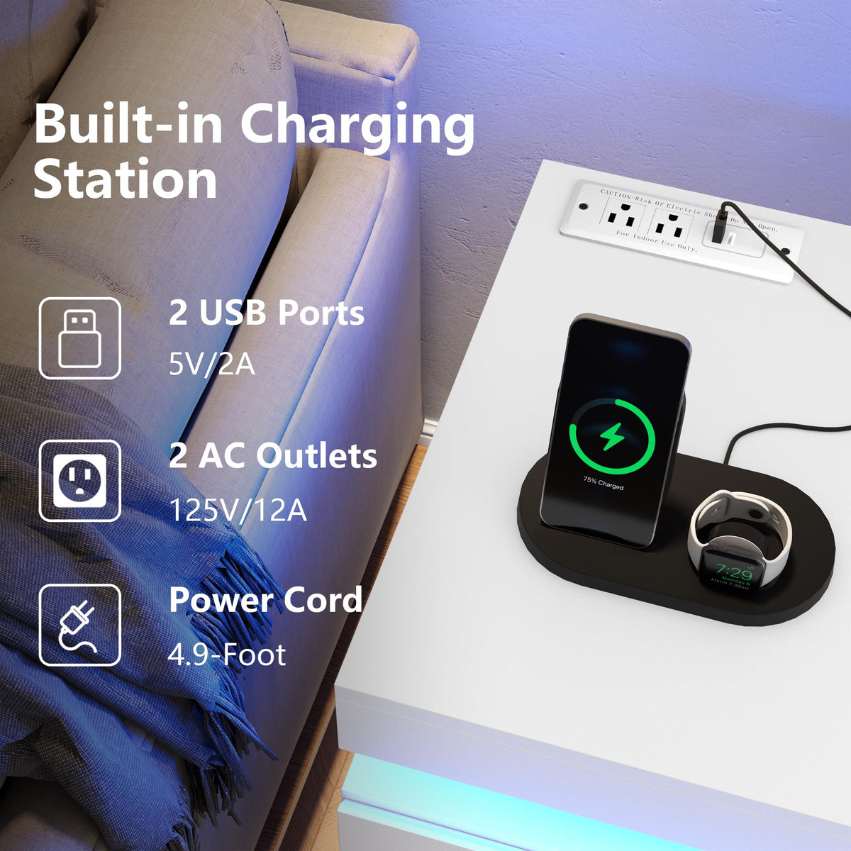 White Nightstand with Charging Station and LED Lights I644122
