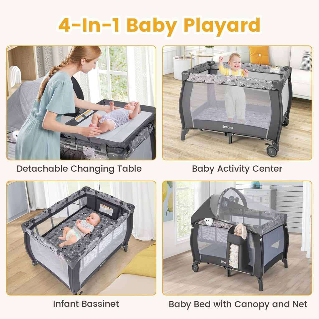 4 in 1 Pack and Play with Bassinet, Changing Table, Storage Basket O5497