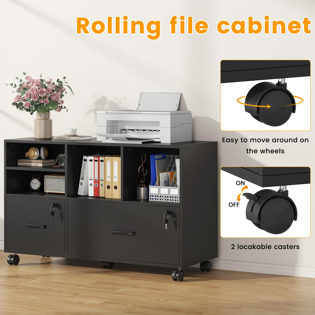 2 Drawer Wood Mobile Lateral File Cabinet with Storage Shelves, Black V23181