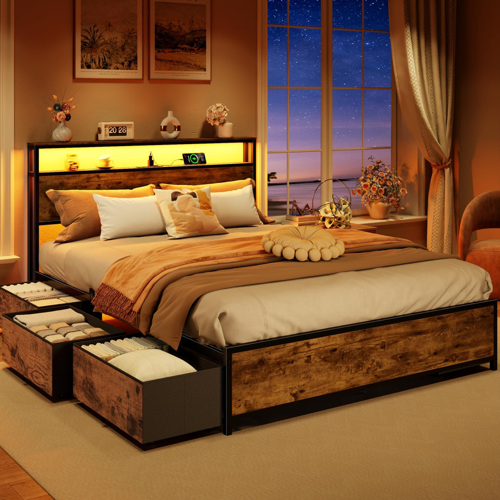 Queen Bed Frame with Storage Headboard & 6 Drawers E3879