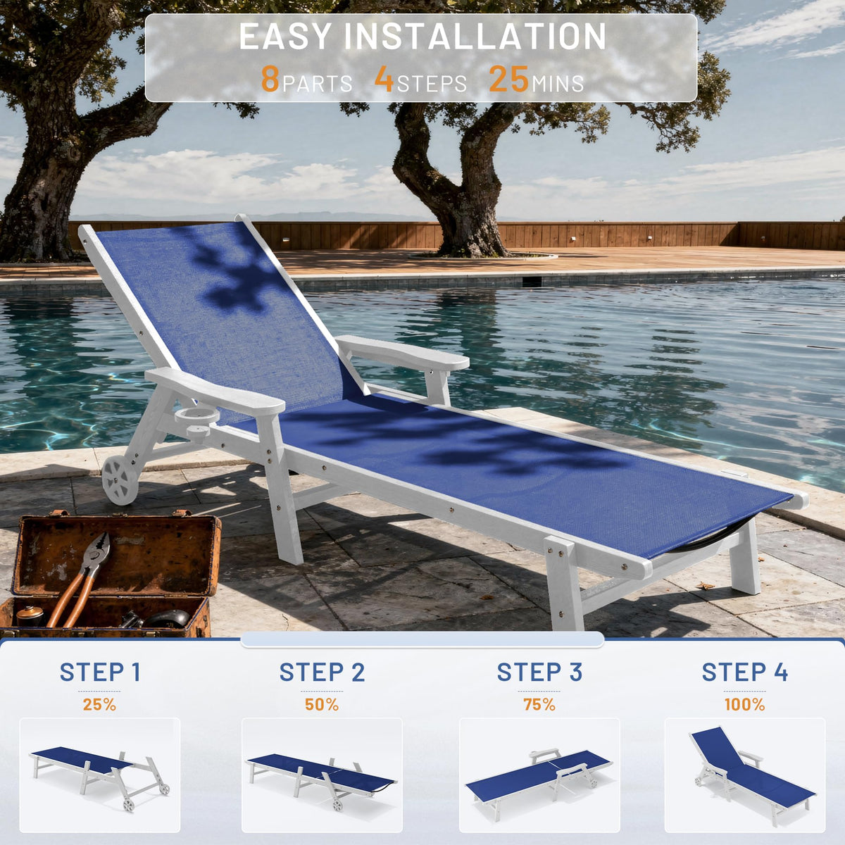 Royal Blue Patio Chaise Lounge Chair Set of 2 with Cup Holder R3382
