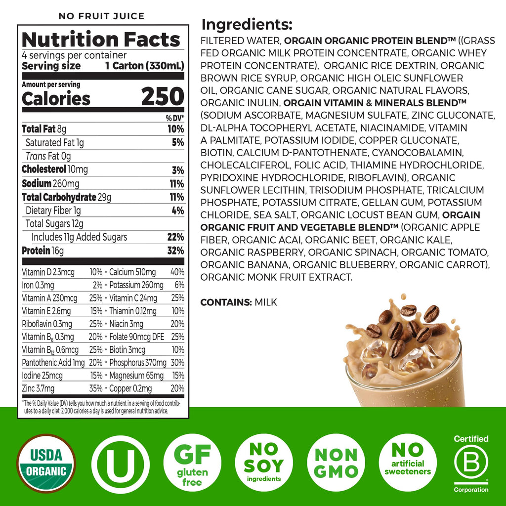 Organic Grass Fed Protein Shake, Café Mocha, 11oz, 12pk E706
