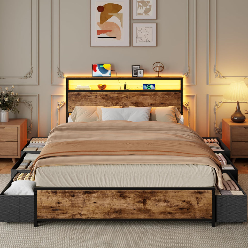 Queen Bed Frame with Storage Headboard & 6 Drawers E3879