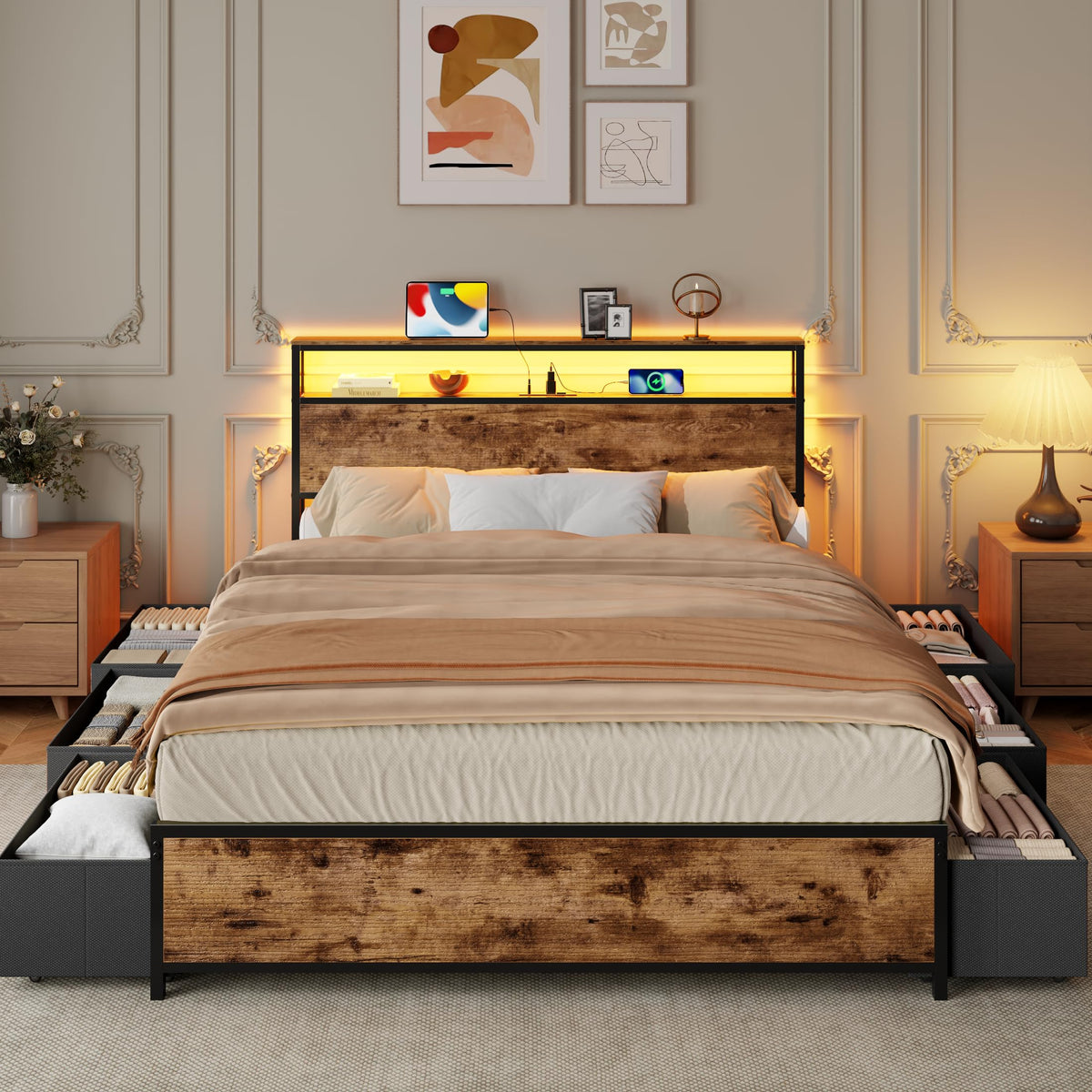 Queen Bed Frame with Storage Headboard & 6 Drawers E3879