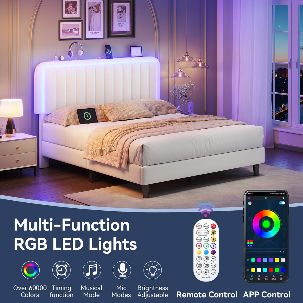 White Velvet Upholstered Full Size Platform Bed Frame with Charging Station A173