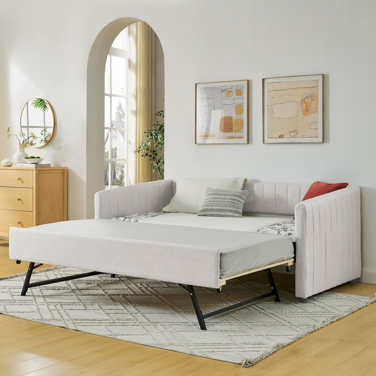 Beige Linen Twin Size Upholstered Daybed with Trundle and Headboard A2826