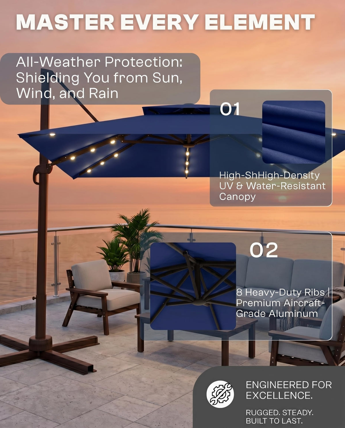 11x11 FT Double-Top Cantilever Patio Umbrella with Lights Z7754