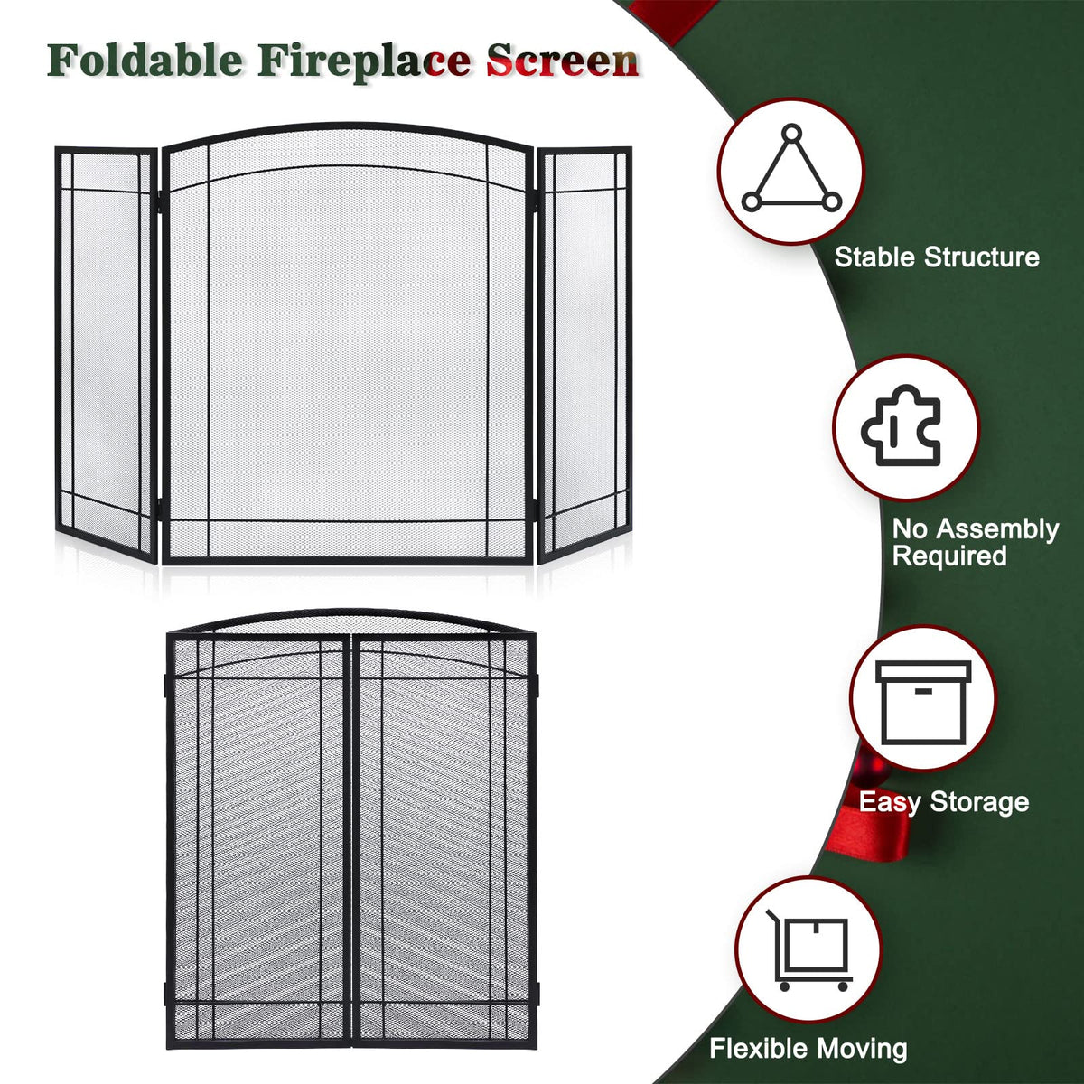 3 Panel 48" W x 29" H Foldable Wrought Metal Decorative Mesh Fireplace Screen O889