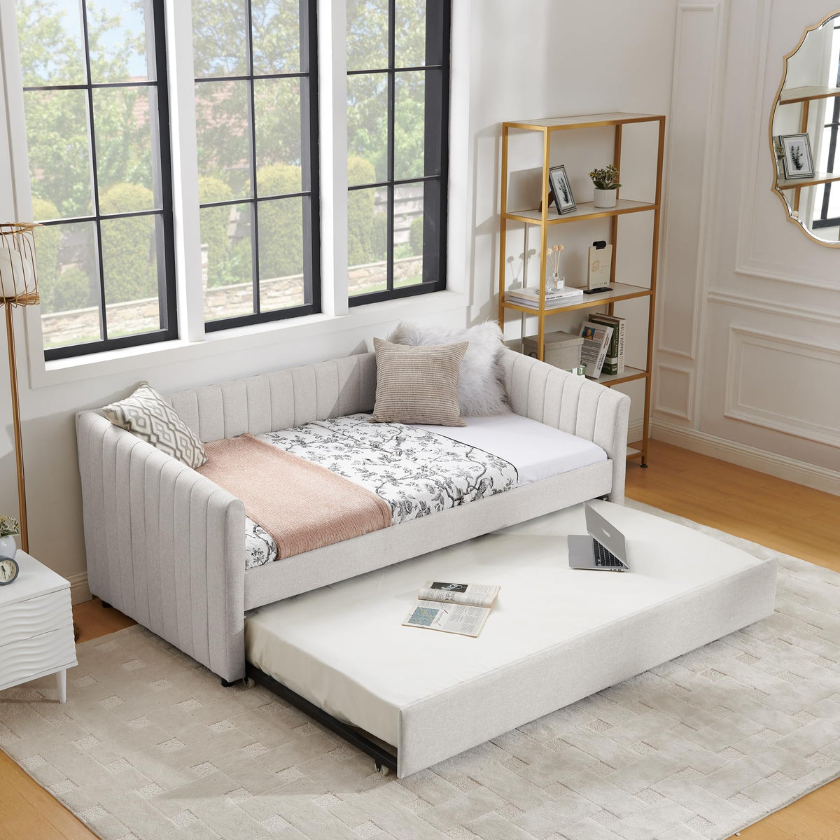 Beige Linen Twin Size Upholstered Daybed with Trundle and Headboard A2826