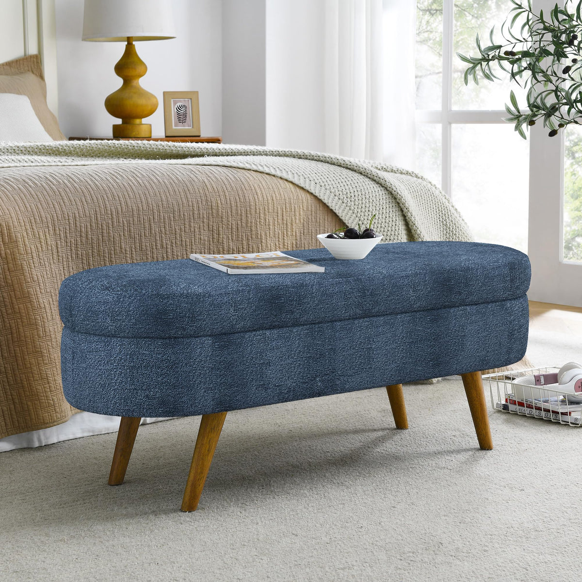 Dark Blue Upholstered Storage Bench with Rubber Wood Legs C66847