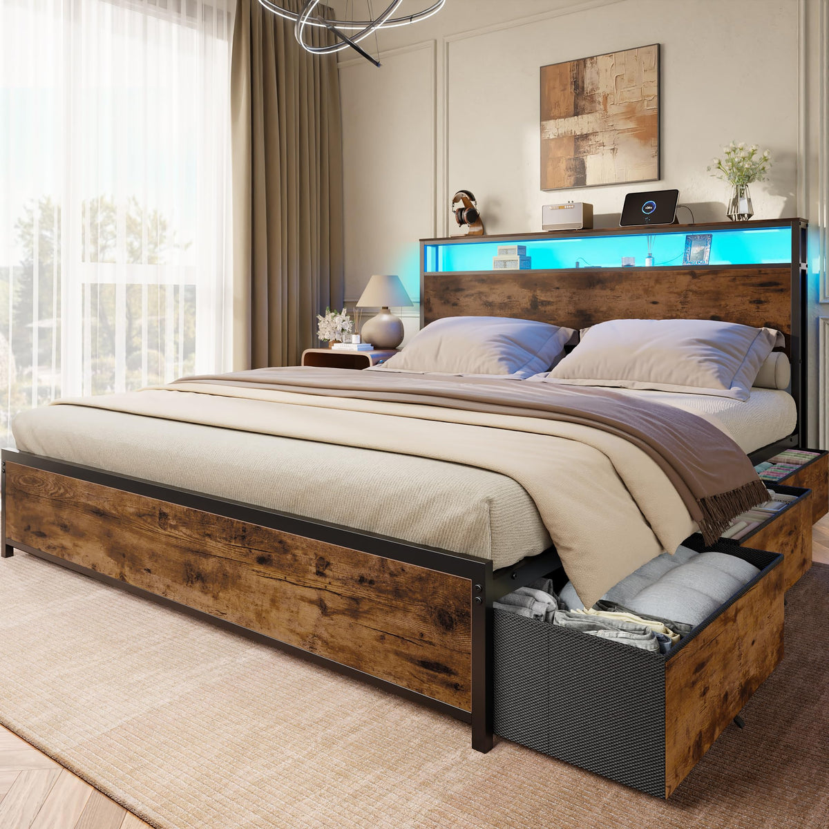 Queen Bed Frame with Storage Headboard & 6 Drawers E3879