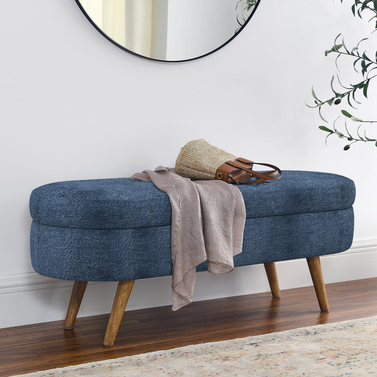 Dark Blue Upholstered Storage Bench with Rubber Wood Legs C66847