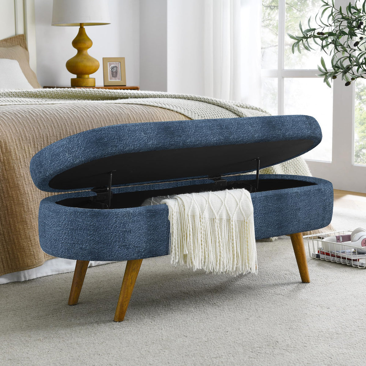 Dark Blue Upholstered Storage Bench with Rubber Wood Legs C66847
