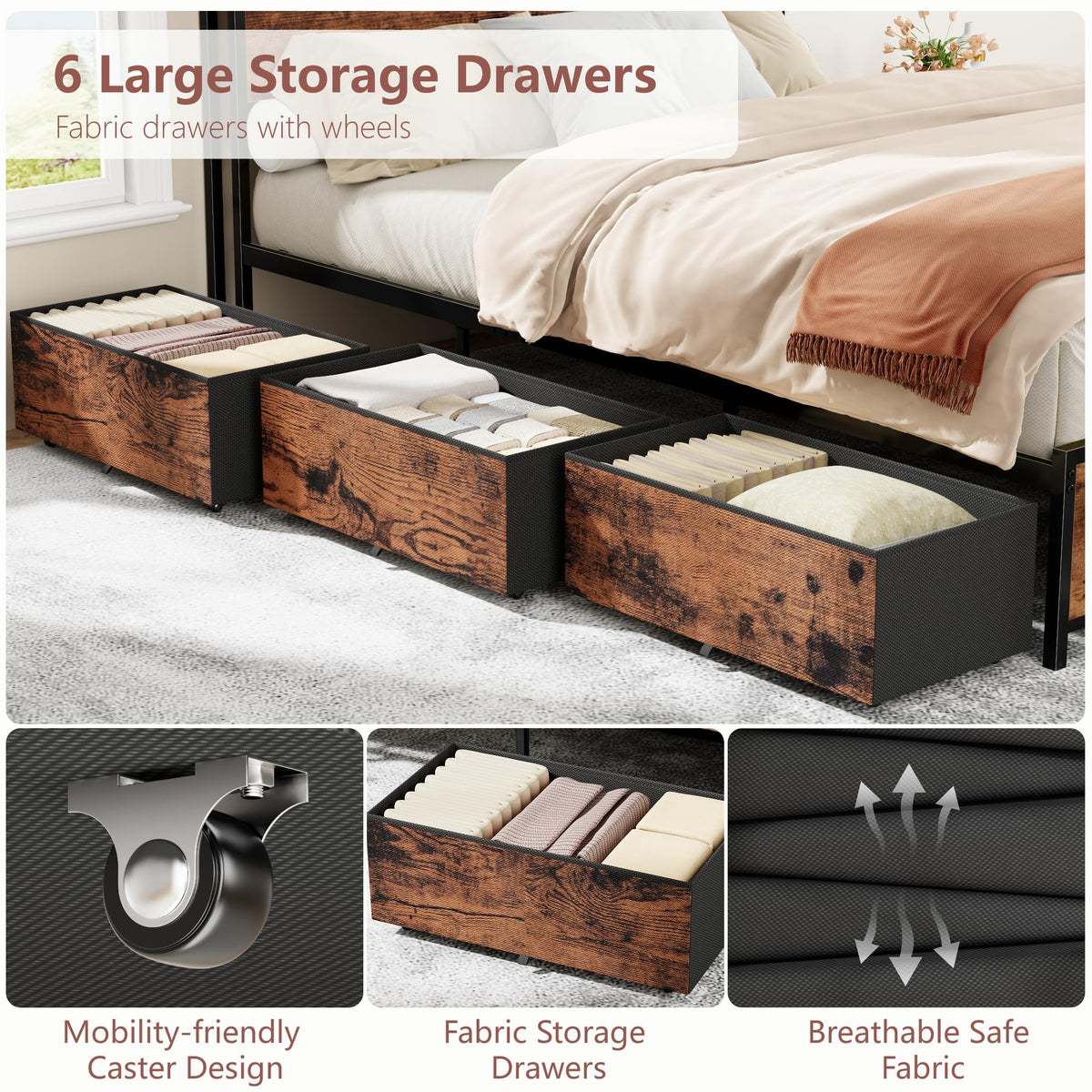 Queen Bed Frame with Storage Headboard & 6 Drawers E3879