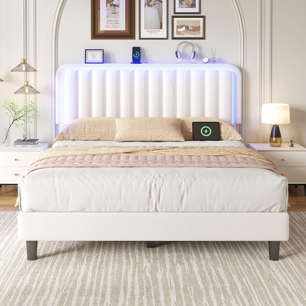 White Velvet Upholstered Full Size Platform Bed Frame with Charging Station A173