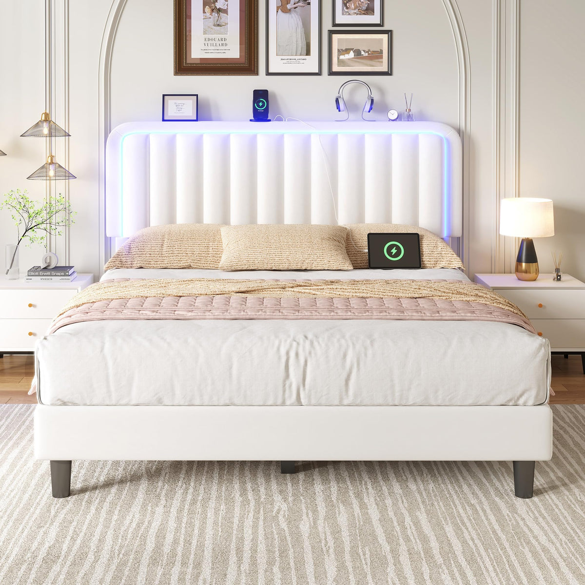 White Velvet Upholstered Full Size Platform Bed Frame with Charging Station A173