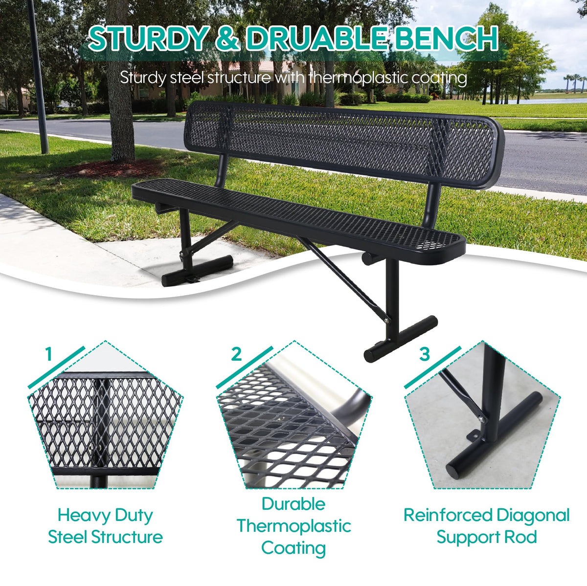 Black Metal Park Bench with Backrest E2553