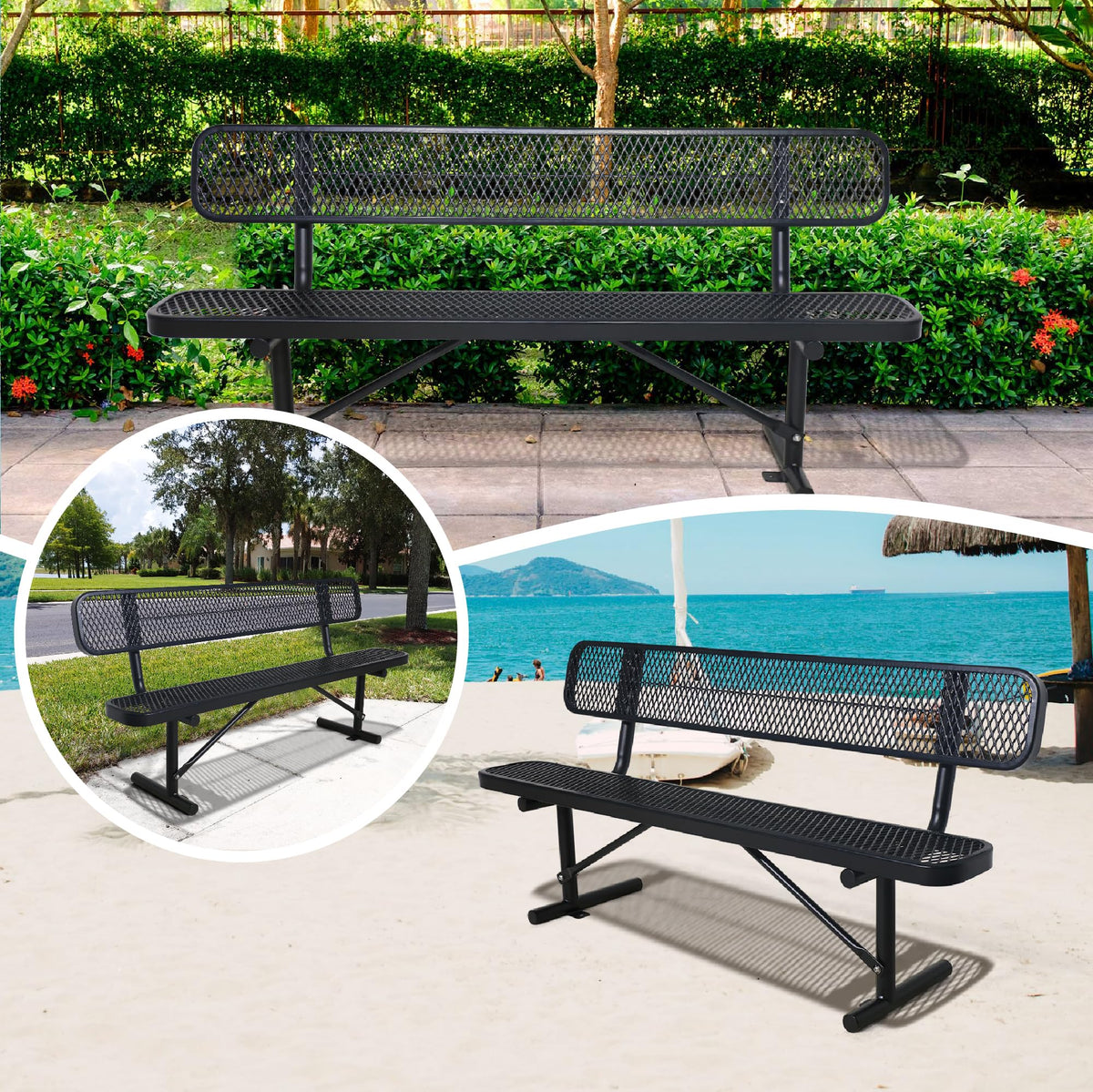 Black Metal Park Bench with Backrest E2553